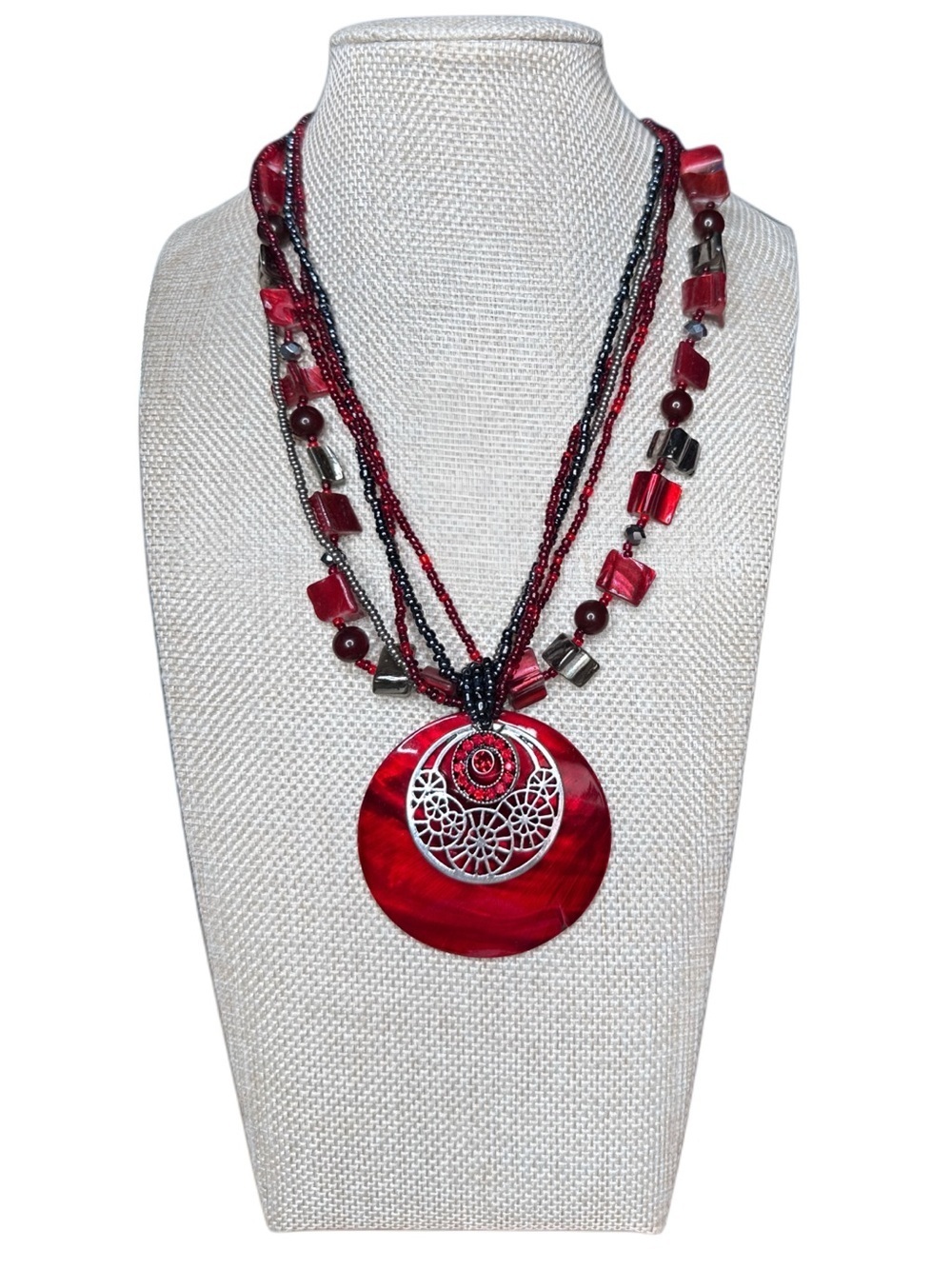 Sonoma Red Genuine Shell Multi-Strand Beaded Necklace with Decorative Pendant